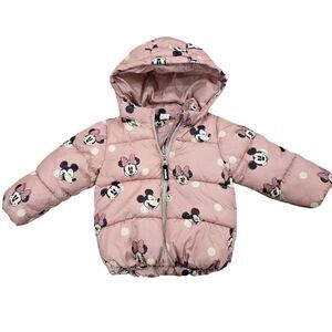 H&M Minnie Mouse Puffer Jacket Baby Girls 18M Pink Full Zip Long Sleeve Hooded
